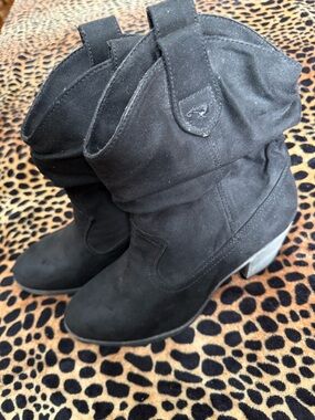 Rocket Dog Black Suede Mid-Calf Heeled Boots